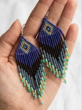 NWT Boho Beaded Fringe Earrings - Blue Teal Black Statement Dangles
